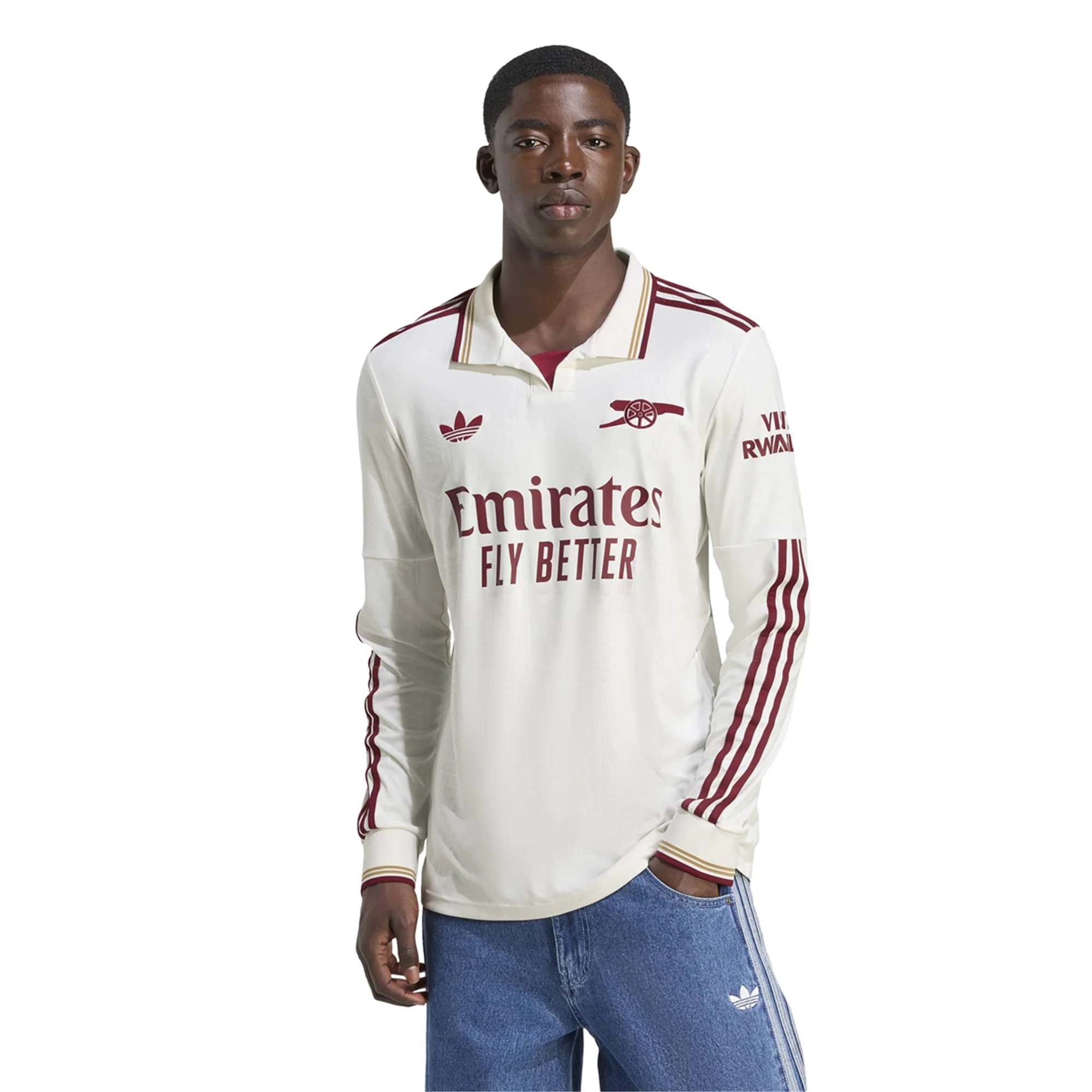 adidas Arsenal William Saliba Third Long Sleeve Jersey w/ EPL + No Room For Racism 25/26 (White/Burgundy)