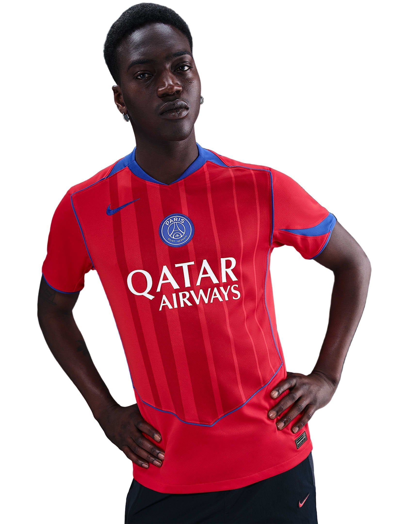 Nike Men's Paris Saint-Germain Désiré Doué T90 Third Jersey w/ Champions League Patches 25/26 (Sport Red/Hyper Royal)
