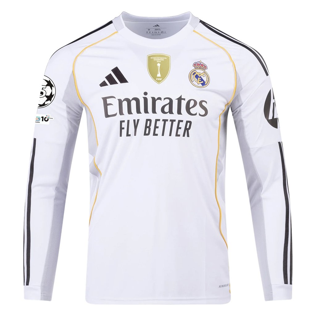 adidas Real Madrid Lucas V. Long Sleeve Home Jersey w/ Intercontinental + Champions League Patches 25/26 (White)