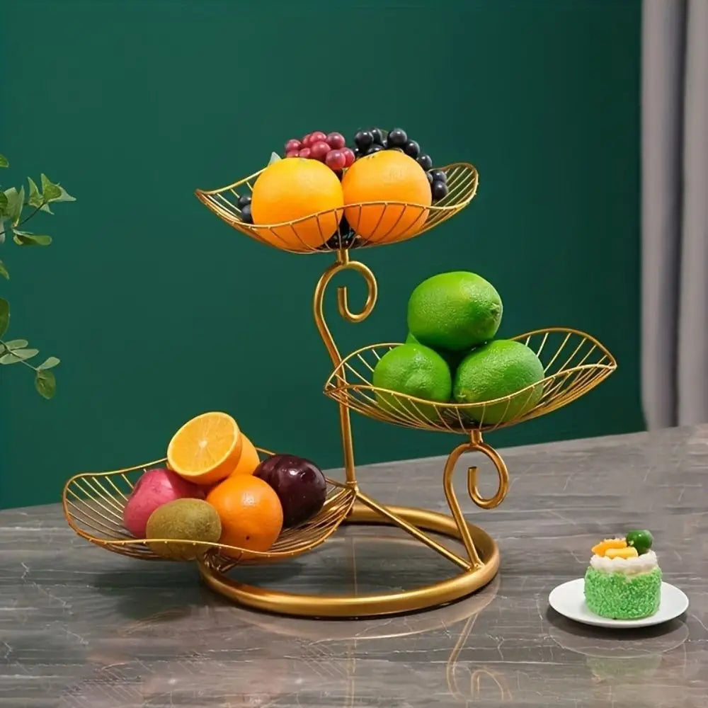 Lotus Leaf Shape 3-Tier Fruit Basket Metal Wire Space-Saving Fruit Storage Tray with Base Vintage Fruit Basket Table Countertop