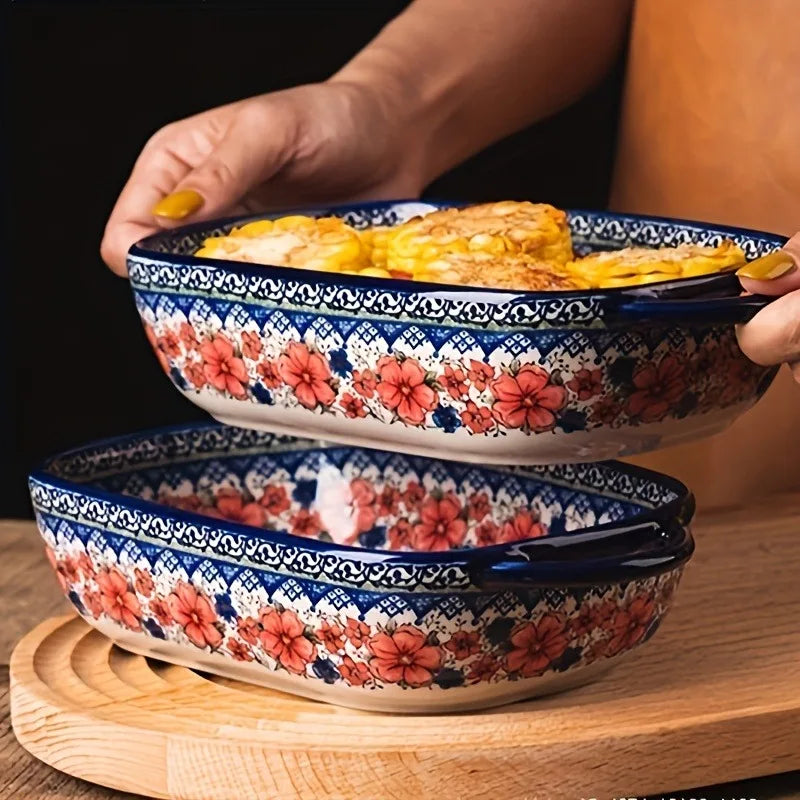 2pcs Hand-Painted Polish Ceramic Baking Dish with Dual Handles - Vibrant Floral Embossed Design, Durable Rectangular Plate