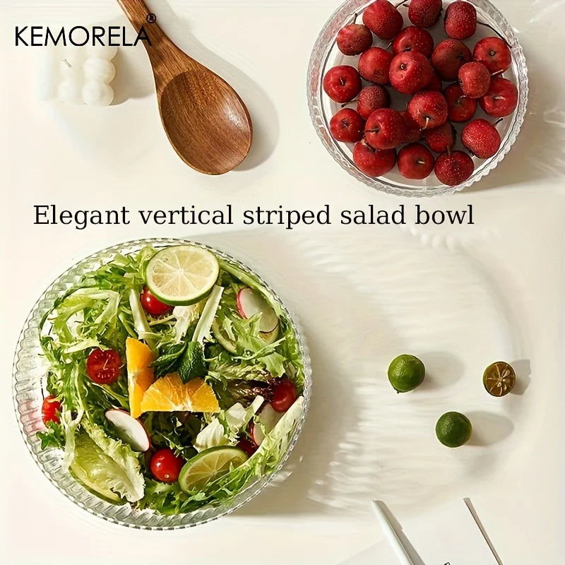 1PCS Scratch-Resistant Striped Glass Salad Fruit Bowl round Serving Dish for Afternoon Tea Dessert Display Iced Fruit Plate
