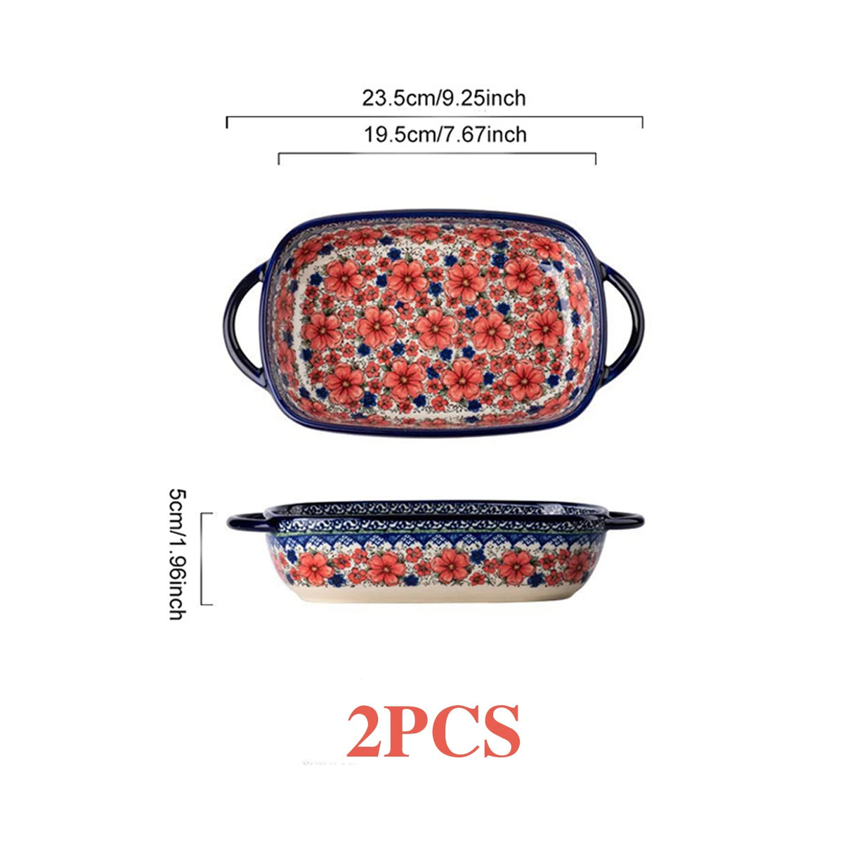 2pcs Hand-Painted Polish Ceramic Baking Dish with Dual Handles - Vibrant Floral Embossed Design, Durable Rectangular Plate