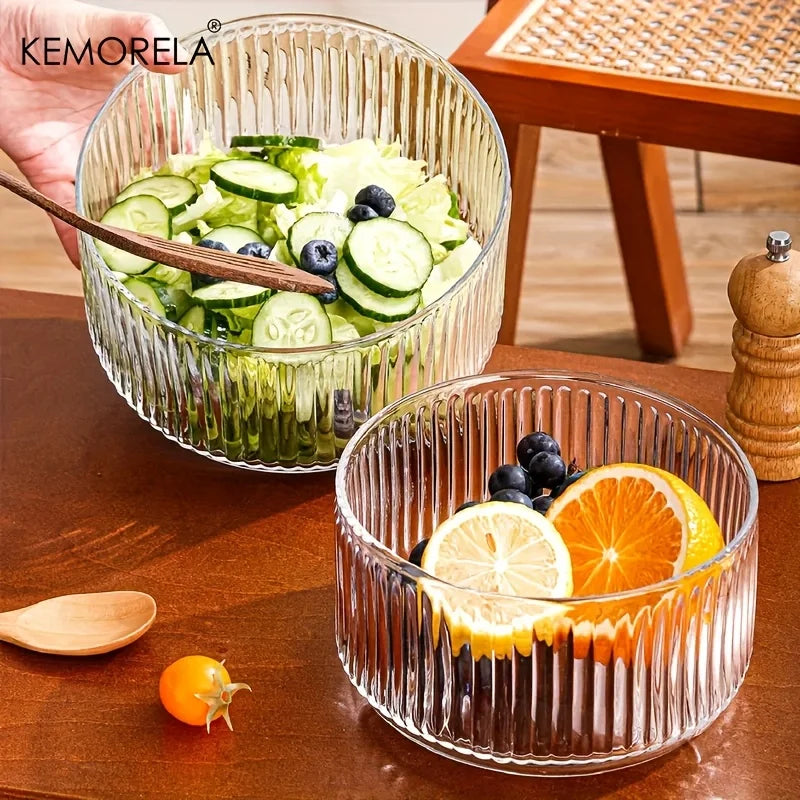 1PCS Scratch-Resistant Striped Glass Salad Fruit Bowl round Serving Dish for Afternoon Tea Dessert Display Iced Fruit Plate