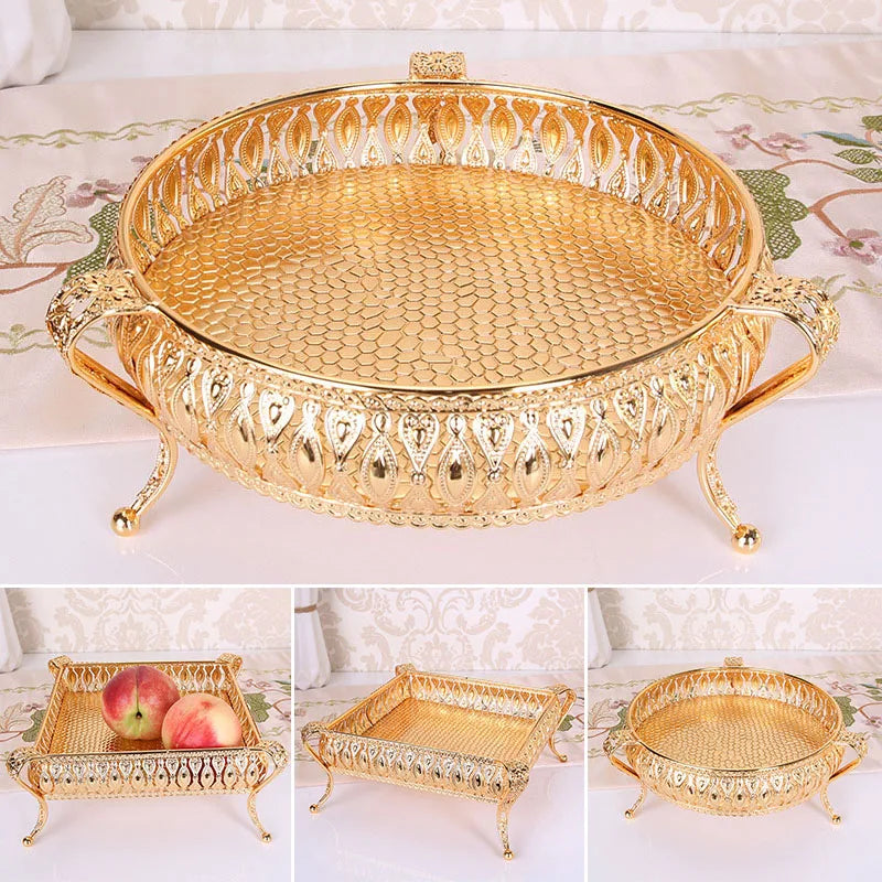 Golden Fruit Tray Creative Vintage Gold Round Square Fruit Plate Multi-Function Metal Snack Home Storage Plate Housewear
