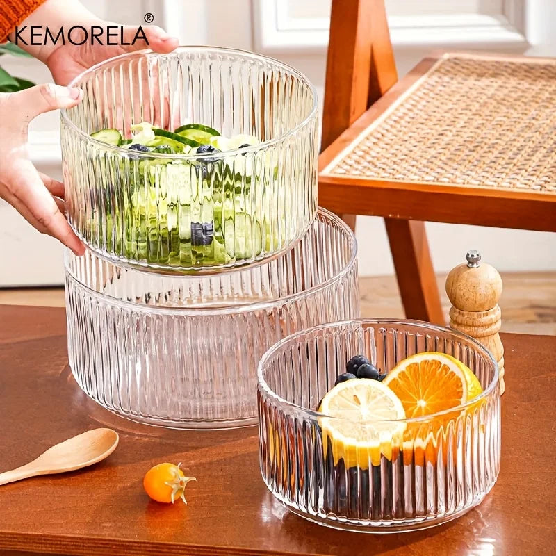 1PCS Scratch-Resistant Striped Glass Salad Fruit Bowl round Serving Dish for Afternoon Tea Dessert Display Iced Fruit Plate