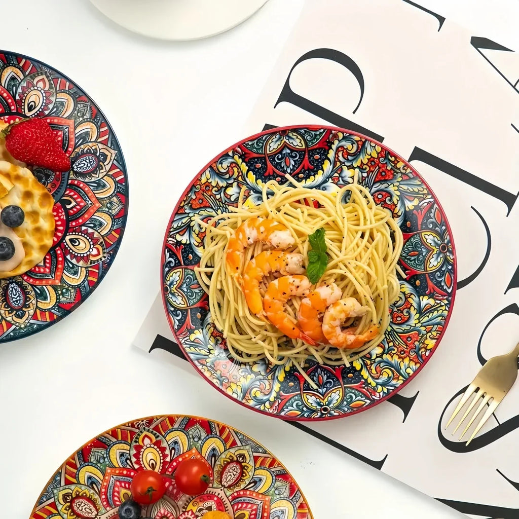 Bohemian ceramic shallow plate, Nordic retro western plate, light luxury household plate, round salad plate, steak plate, artist