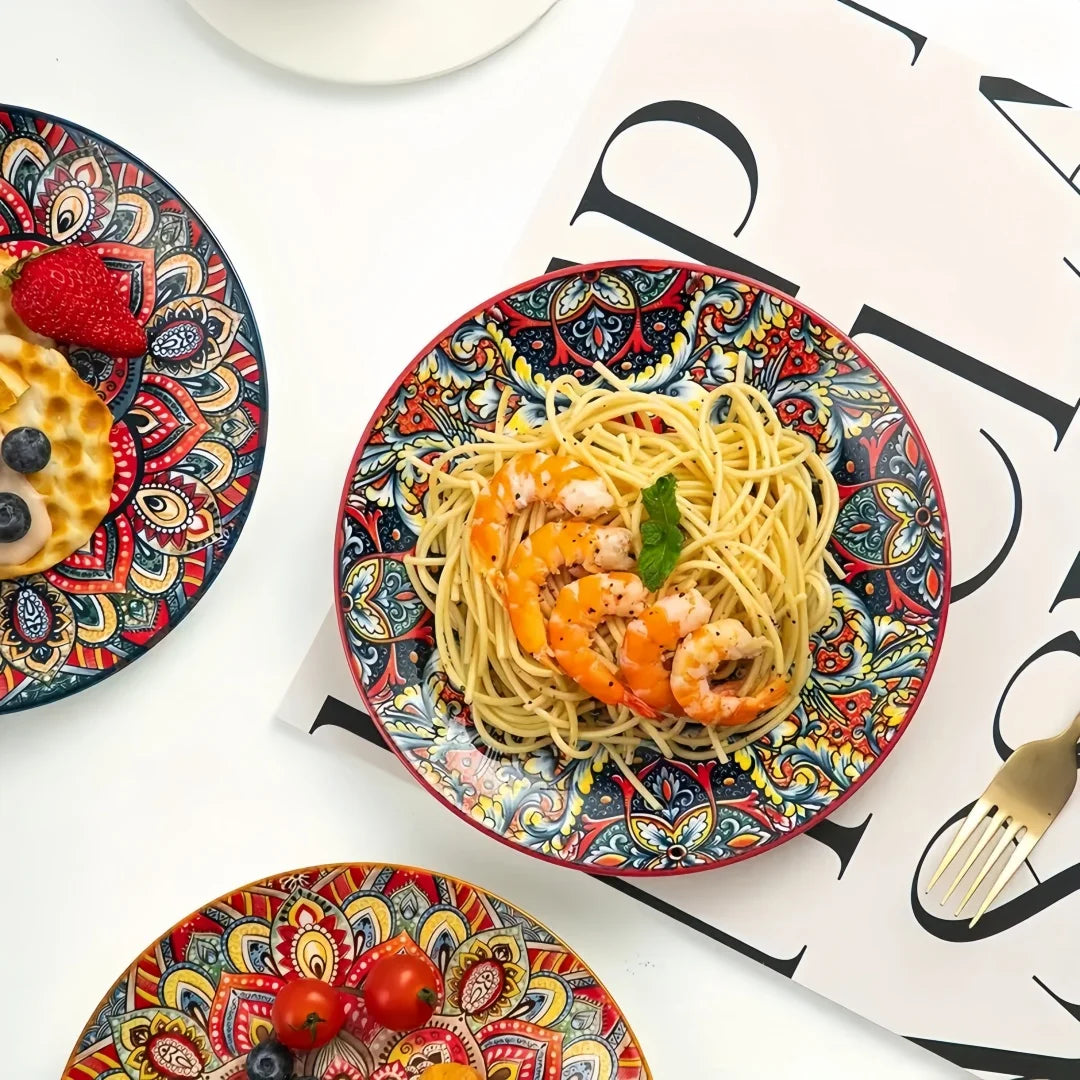 Bohemian ceramic shallow plate, Nordic retro western plate, light luxury household plate, round salad plate, steak plate, artist