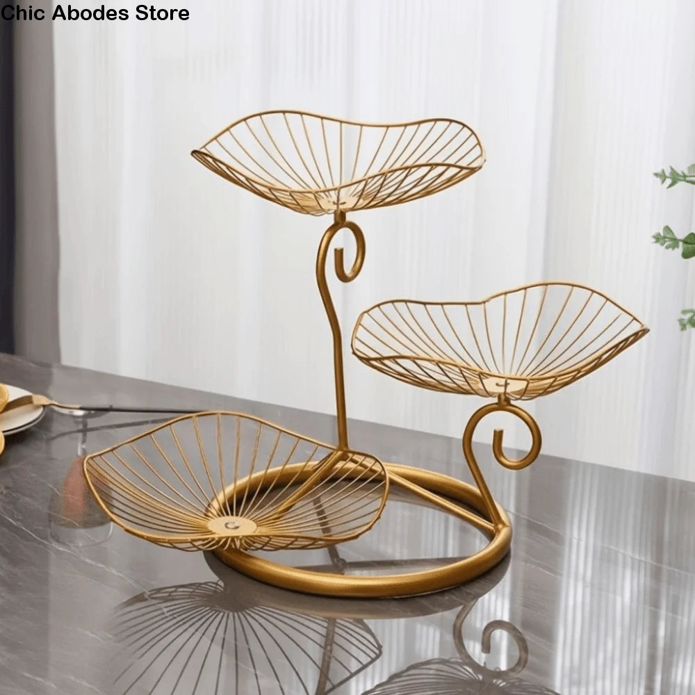 Lotus Leaf Shape 3-Tier Fruit Basket Metal Wire Space-Saving Fruit Storage Tray with Base Vintage Fruit Basket Table Countertop