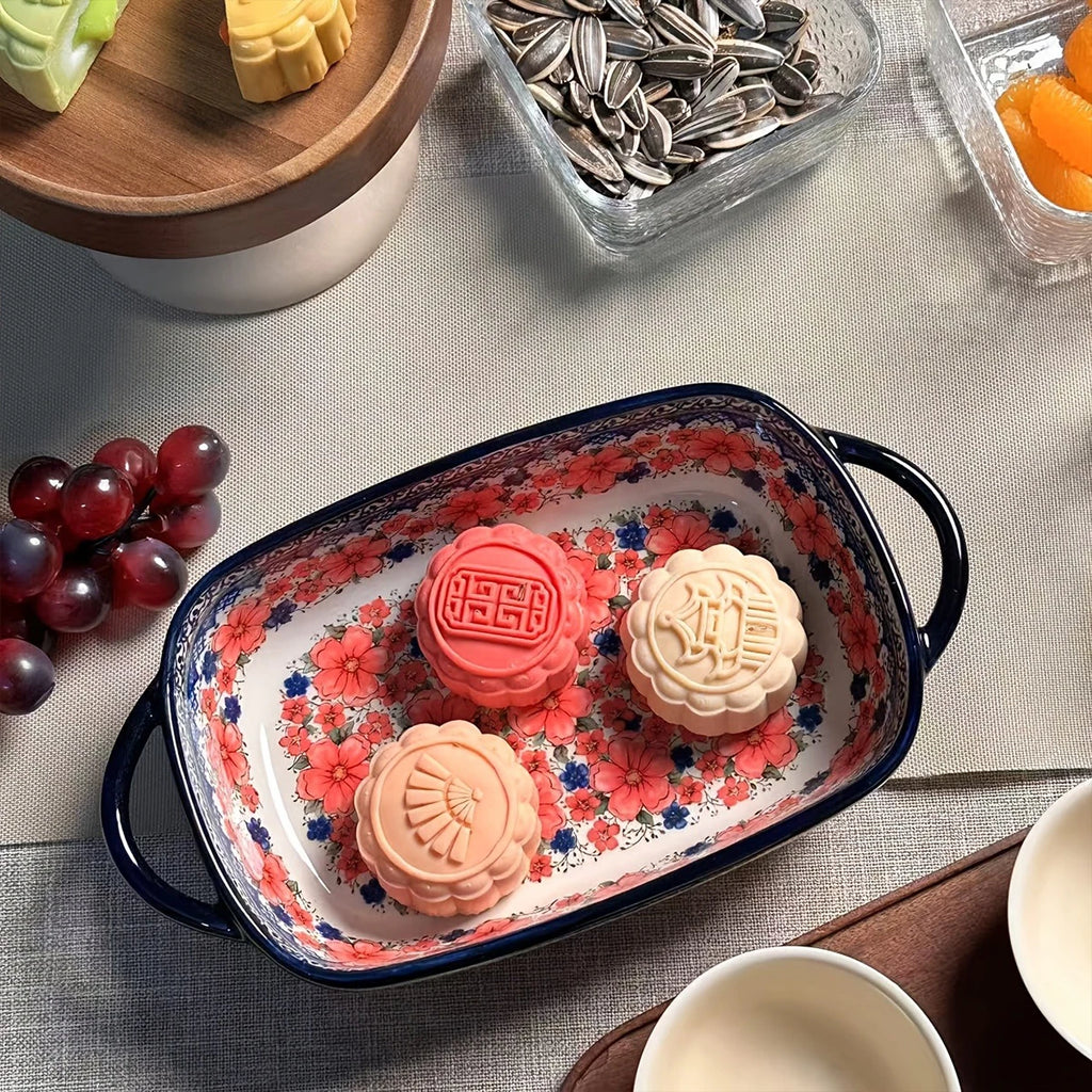 2pcs Hand-Painted Polish Ceramic Baking Dish with Dual Handles - Vibrant Floral Embossed Design, Durable Rectangular Plate