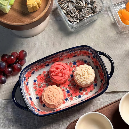 2pcs Hand-Painted Polish Ceramic Baking Dish with Dual Handles - Vibrant Floral Embossed Design, Durable Rectangular Plate
