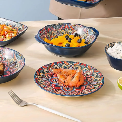 Bohemian ceramic shallow plate, Nordic retro western plate, light luxury household plate, round salad plate, steak plate, artist