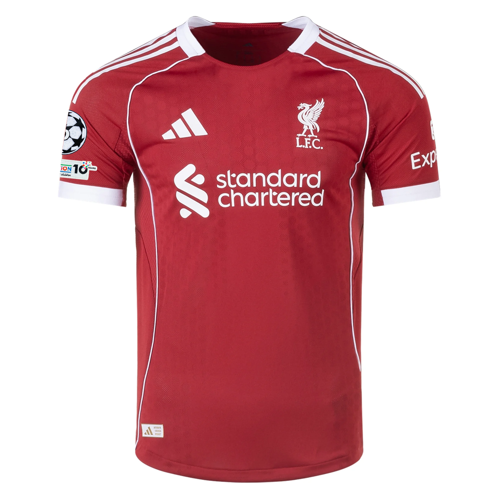 adidas Men's Liverpool FC Authentic Kerkez Home Jersey 25/26 w/ Champions League Patches (Strawberry Red)