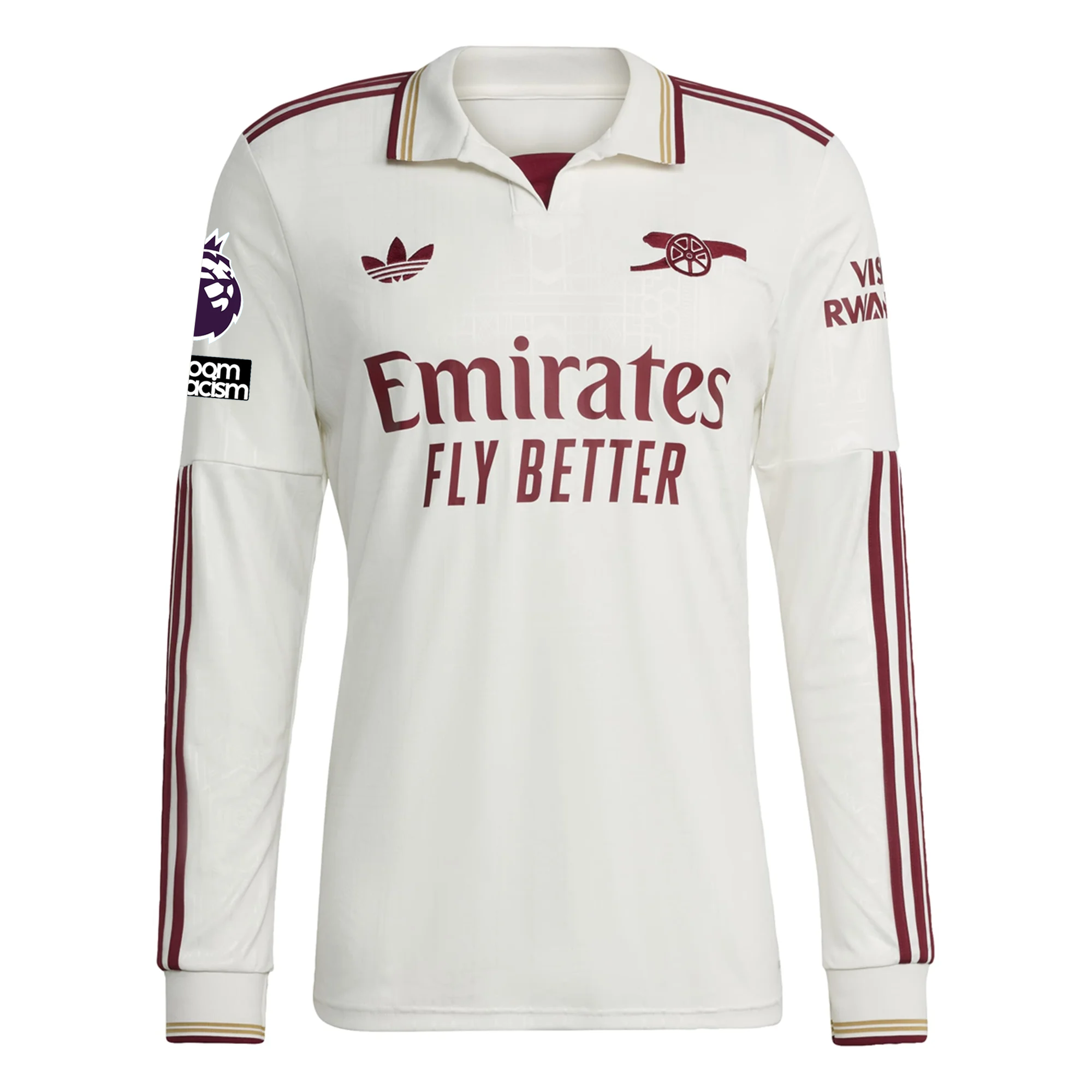 adidas Arsenal Eberechi Eze Third Long Sleeve Jersey w/ EPL + No Room For Racism 25/26 (White/Burgundy)